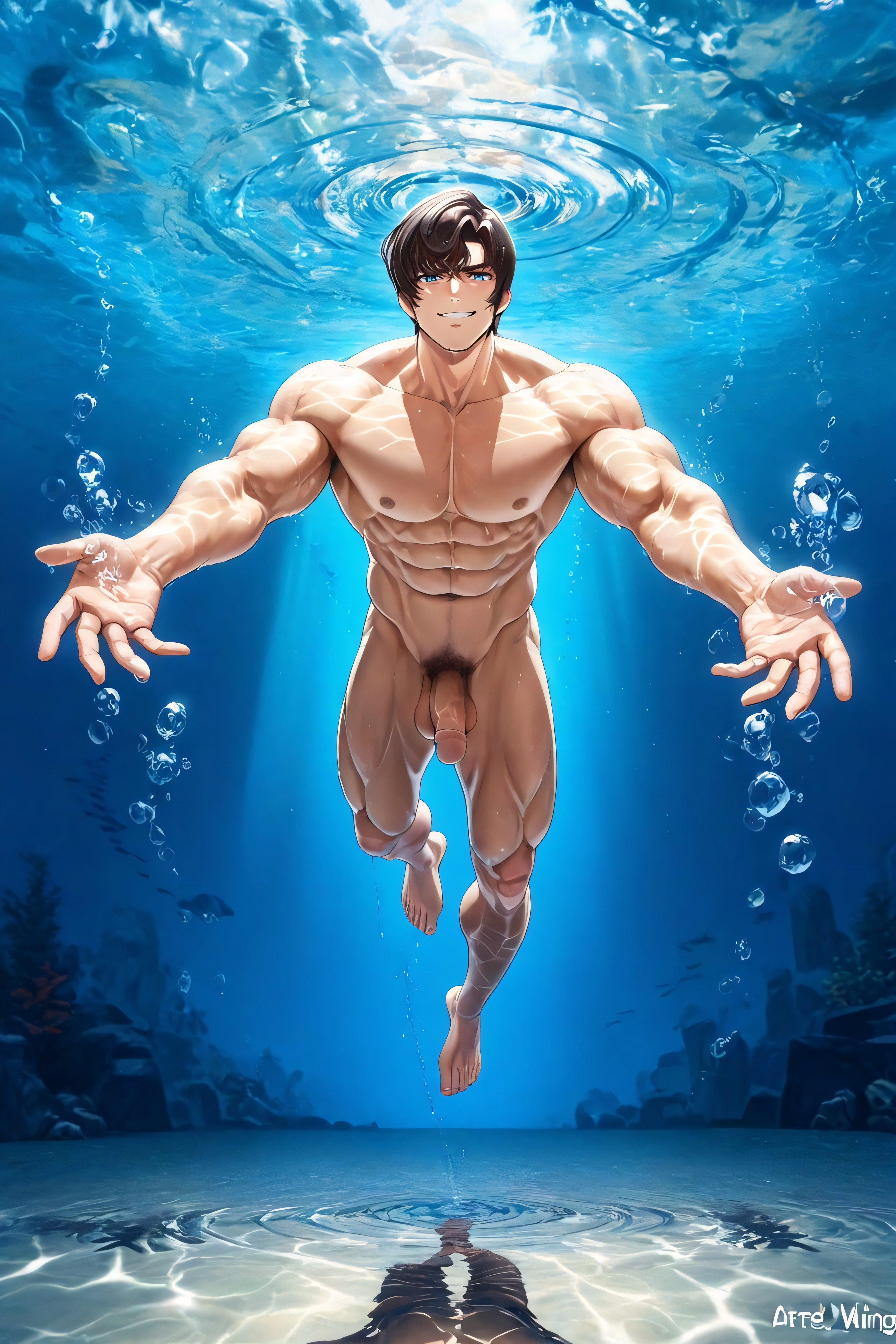 Grinning To Viewer, Glow From Underwater Lights, Full Body Submerged AI Gay Porn