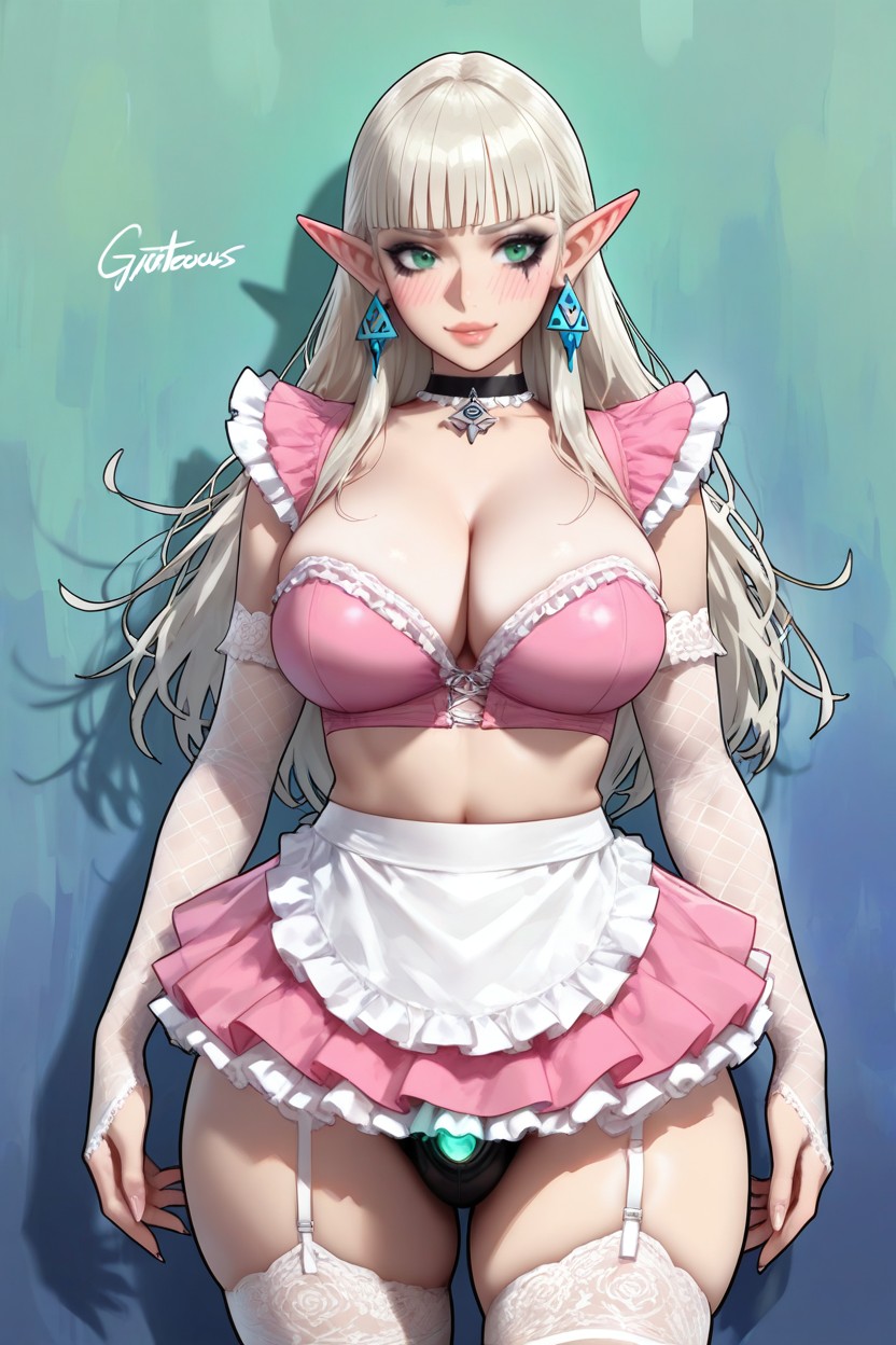 Thick Curvy Lips, Pink Long Maid Skirt, White Waist Apron Hentai AI Porn