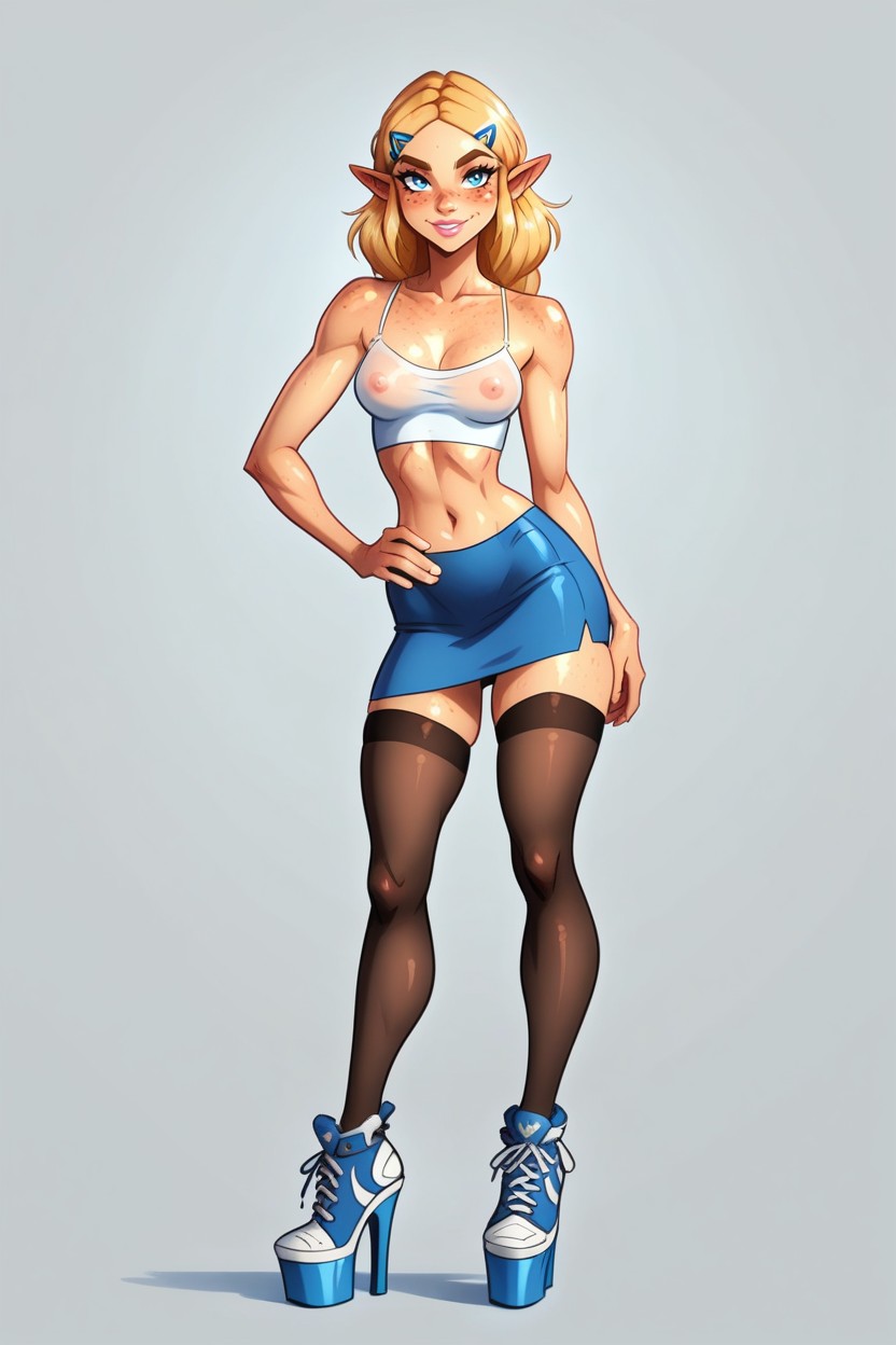 Blue Eyes, All Blue Platform High Heel Sneakers, Mid-length Neck Hentai AI Porn