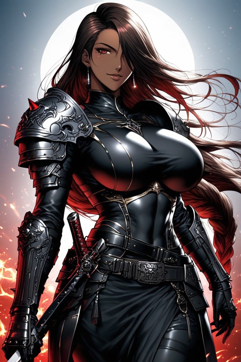Glossy Lips, Black Pauldrons With Gold Trim, Dark Red Long Sleeves Undershirt Hentai AI Porn