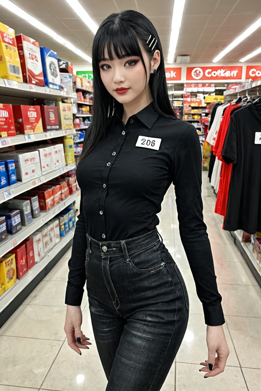Looking At Viewer, Black Shirt, Hair Clips AI Porn