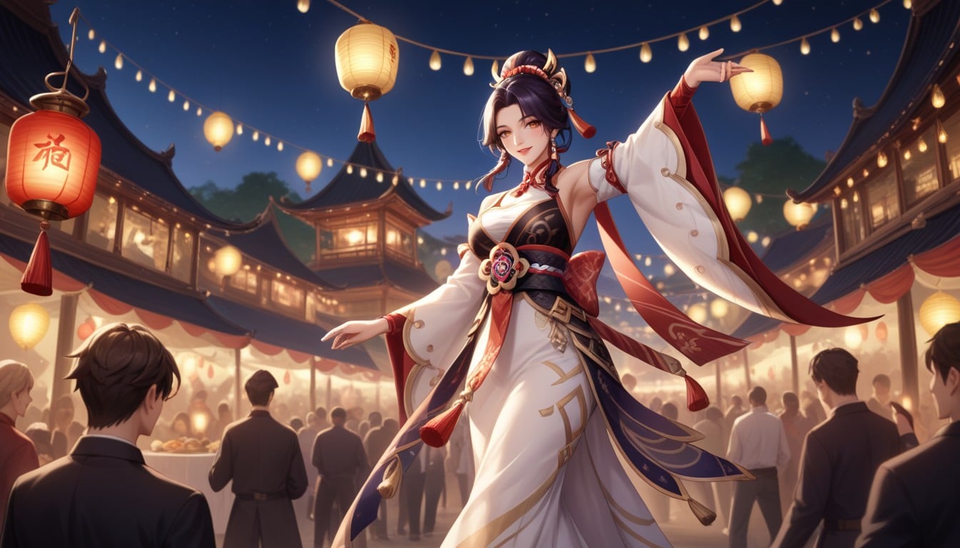 One Arm Raised Mid-motion, Focused Elegant Expression, Rich Embroidery Hentai AI Porn