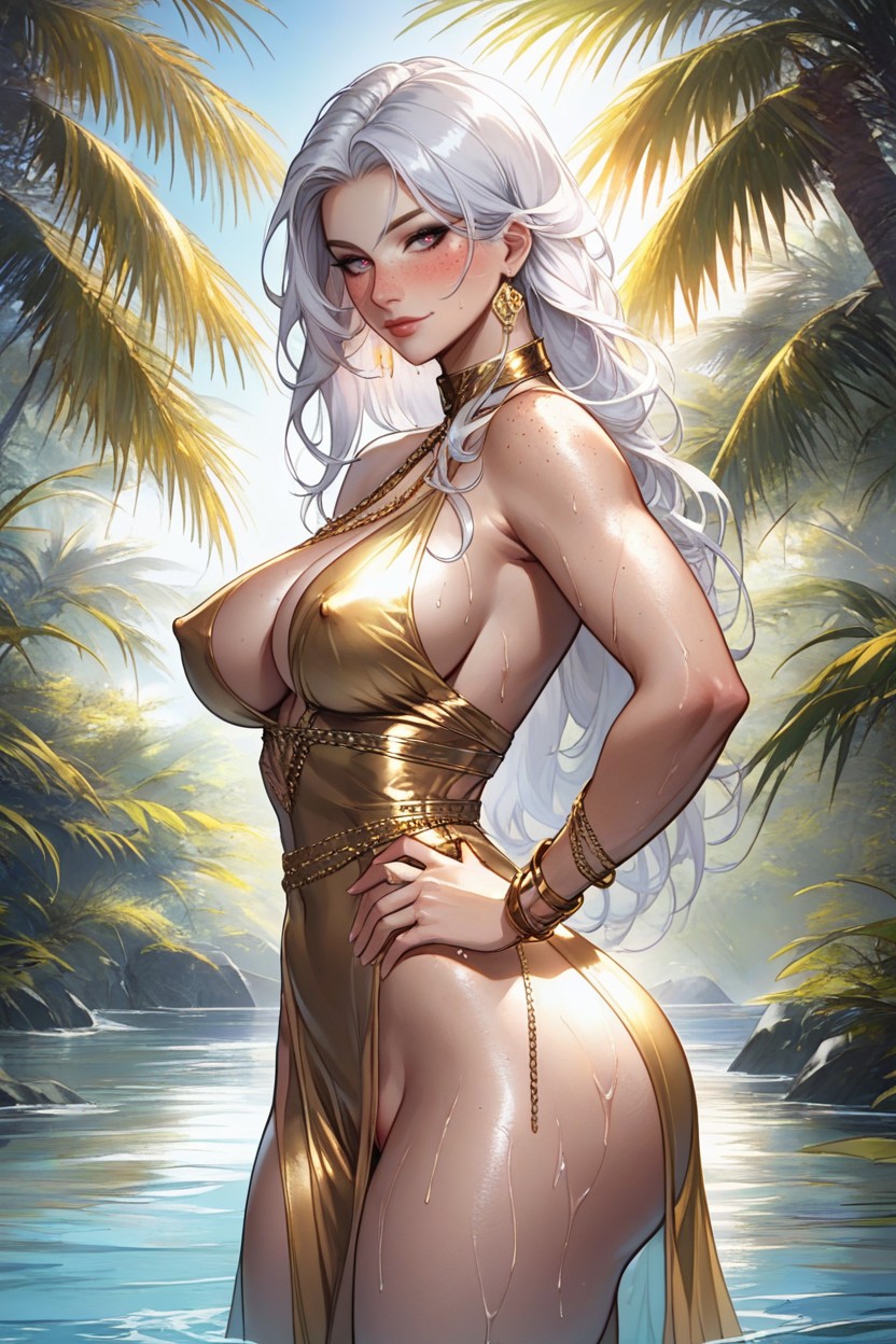 Erect Nipples, Gold Body Chain, Black Eyeliner AI Porn