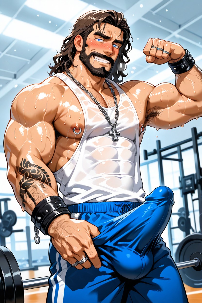 Leather Harness, At The Gym, Dynamic Angle Wet Tanktop AI Gay Porn
