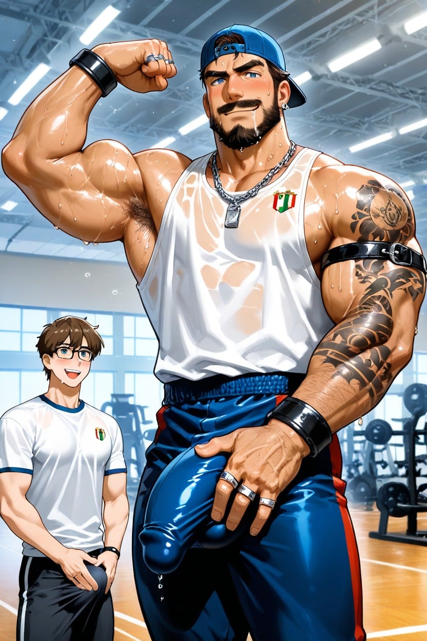 Hand On Crotch, Many Finger Rings, Two Masculine Men Hyper Handsome AI Gay Porn