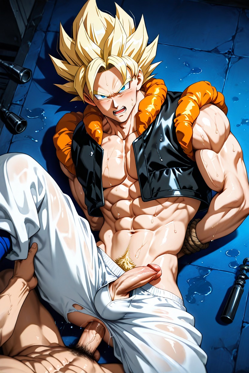 Bottom's Penis Grab By Top's Hand, Golden Hair And Pubes, One Leg Raised Up AI Gay Porn
