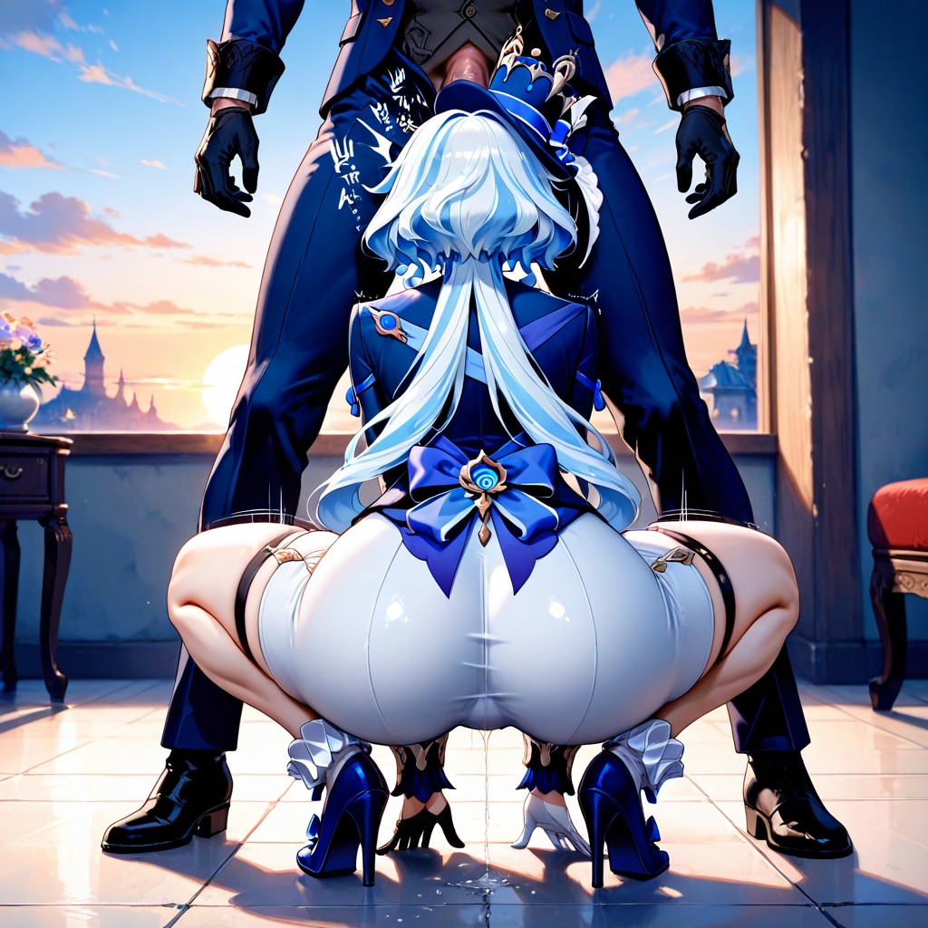 Squatting, Detailed Face, Furina From Genshin Impact Hentai AI Porn