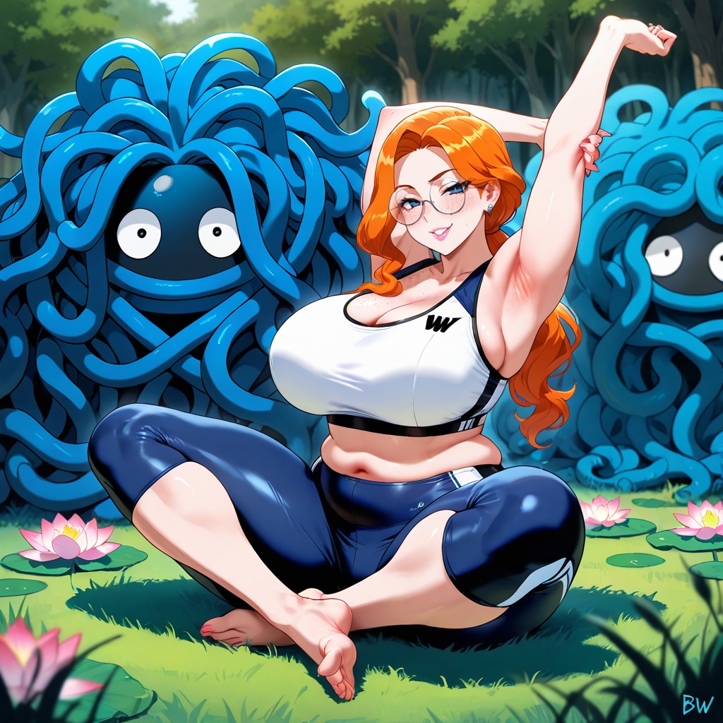Woman Is On The Grass, Freckles Covering Face, Mischievous (smiling While Blushing) AI Gay Porn