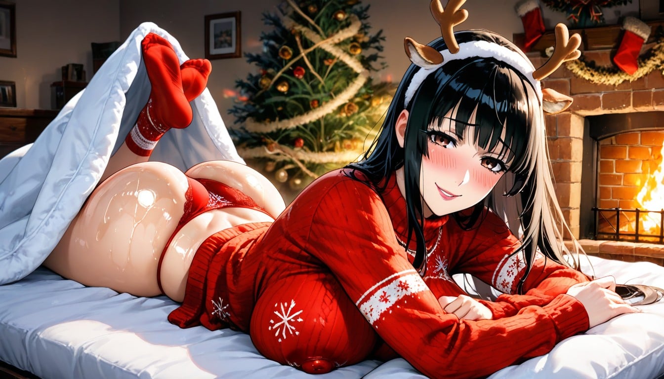 Massive Breasts, Soft Warm Christmas Socks, Christmas Deer Horns Headband Hentai AI Porn