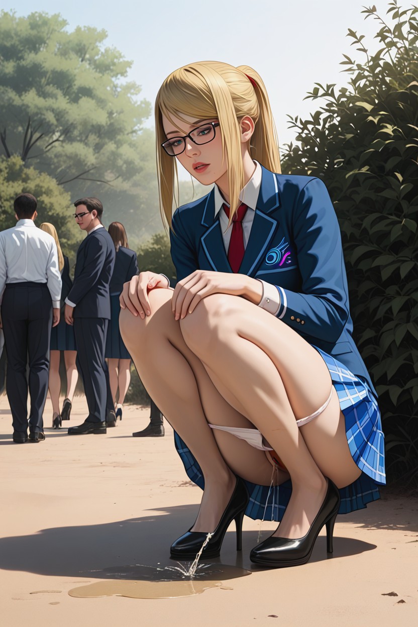 Desperation Pee, Spread Bit Legs Squat Peeing, Blouse Hentai AI Porn