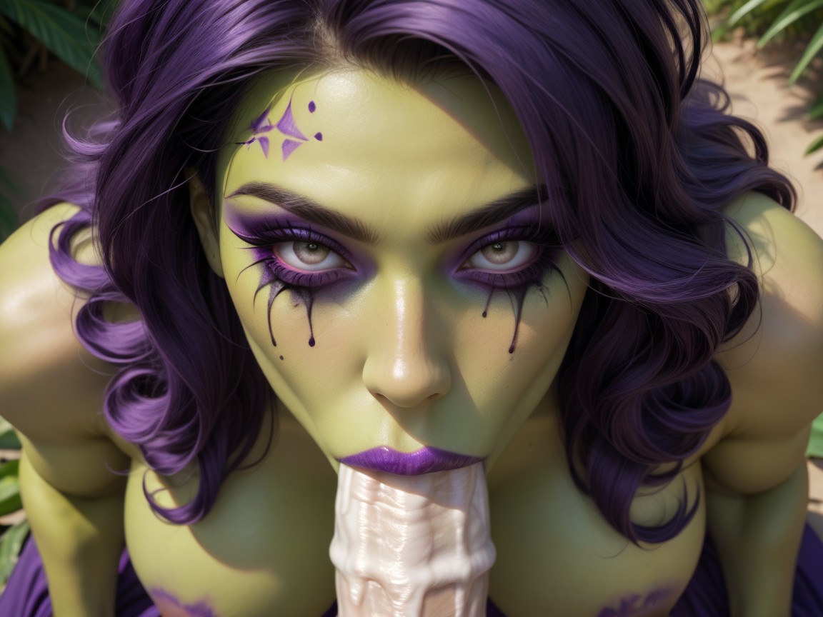 Purple Glossy Lipstick, Long Purple Hair, Ahegao Hentai AI Porn