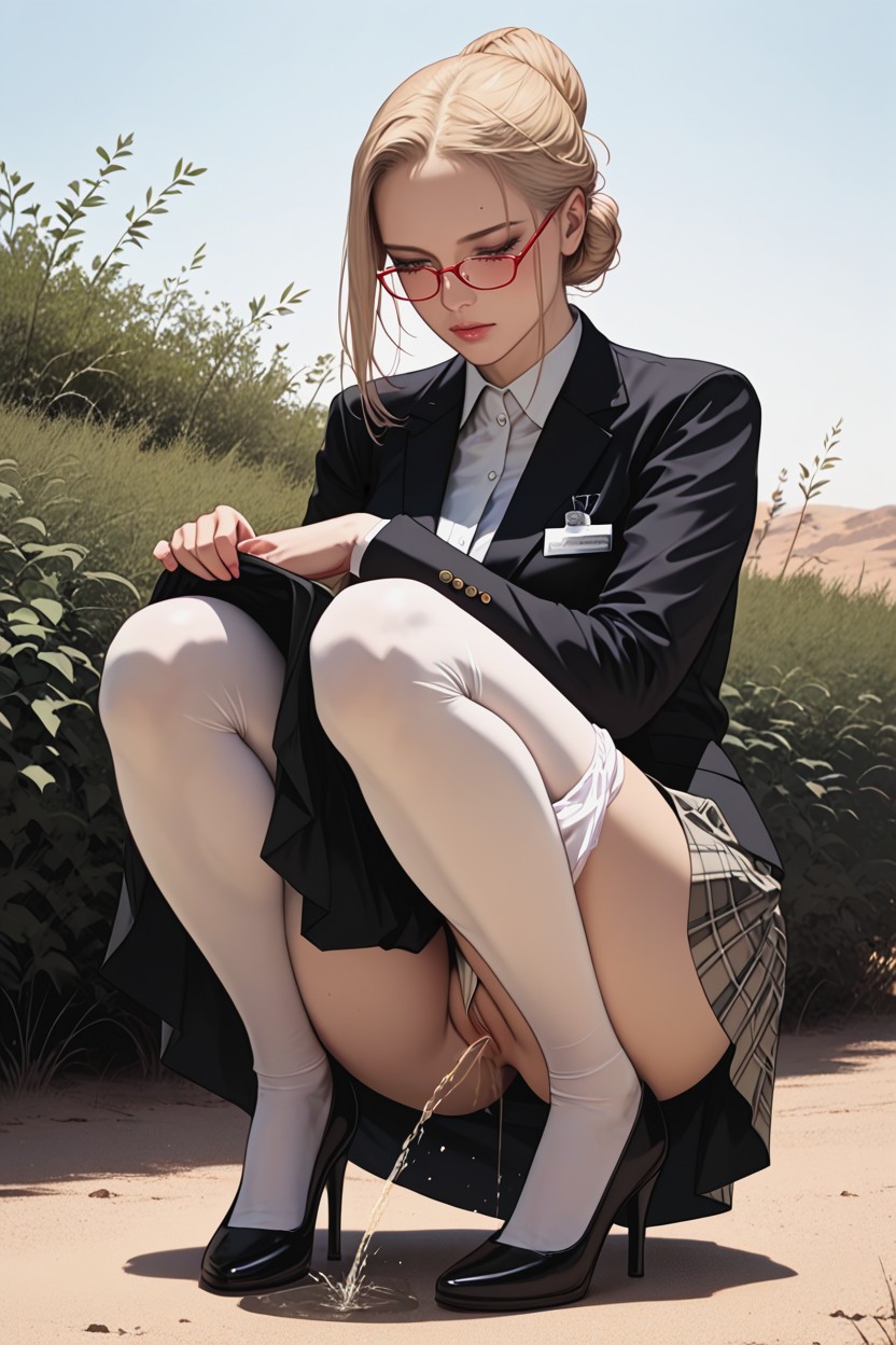 Some Squatting Peeing Nearby Bus, White Bus Afar, Outdoors Hentai IA