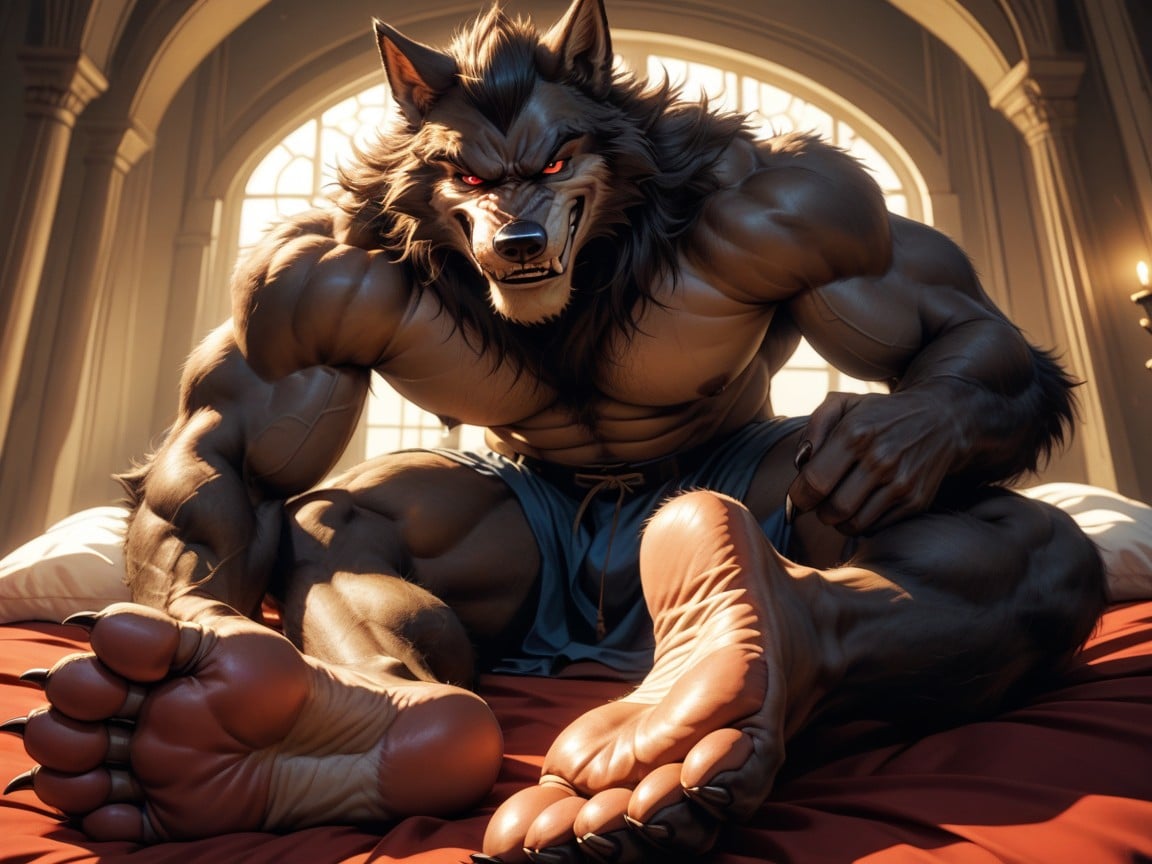 Werewolf Showing Off His Soles, Dominant, Paws For Feet AI Gay Porn