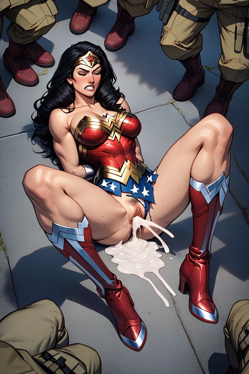 Red Knee Length Boots, Bracelets, Clenched Teeth AI Porn