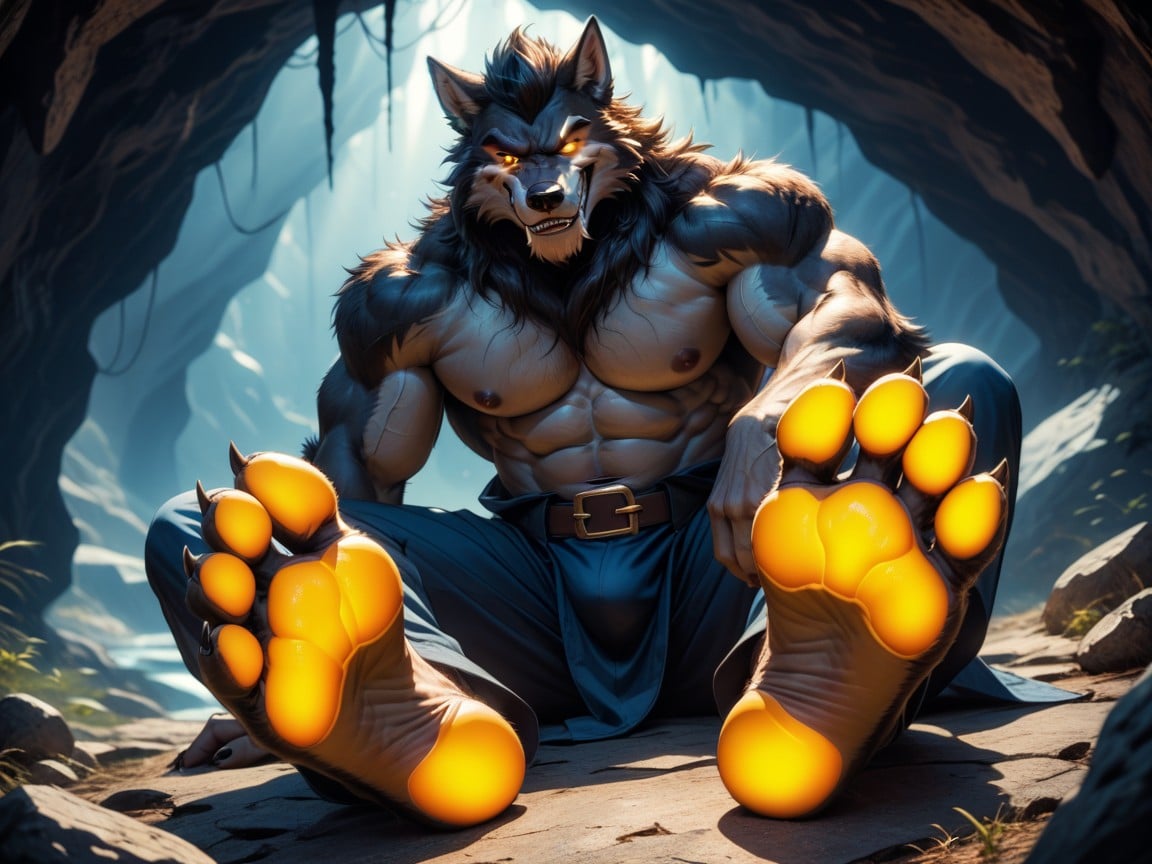 Glowing Eyes, The Feet Paw Soles Are The Focus Of The Image, Manly Anthropomorphic AI Gay Porn