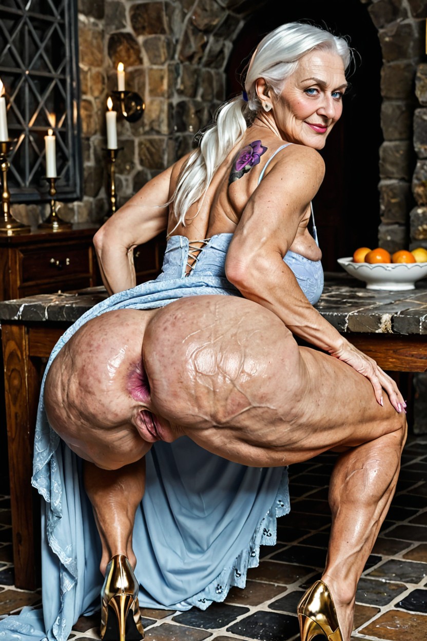 White Hair Extensions, Long Length, Wrinkled Skin MILF AI Porn