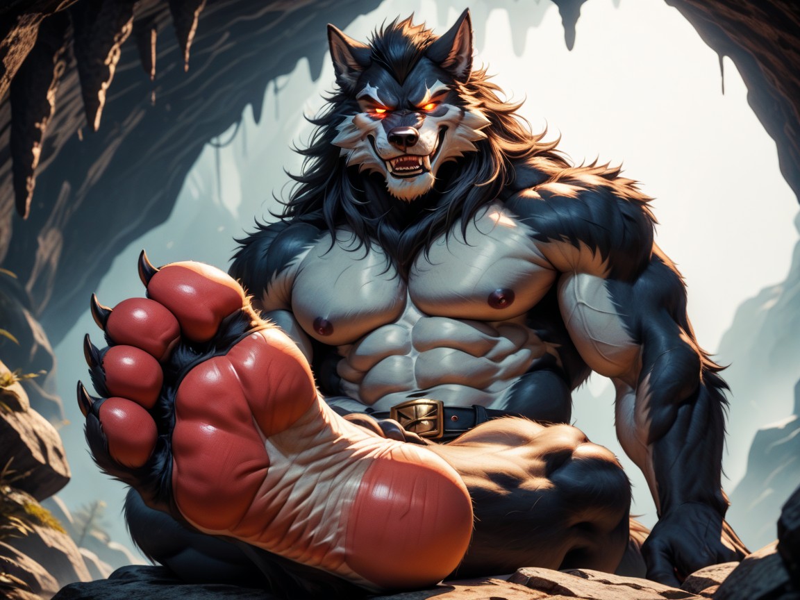 Paws For Feet, Back Resting Against A Rock, Of A Furry Werewolf AI Gay Porn