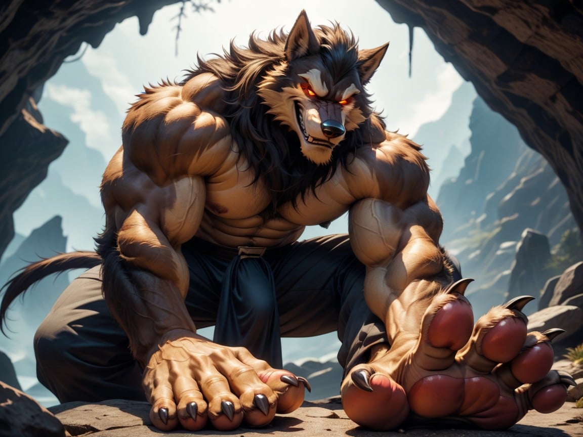 Rugged, His Massive Wide Bare Feet Paws Soles Are Extended Towards The Viewer, Massive AI Gay Porn