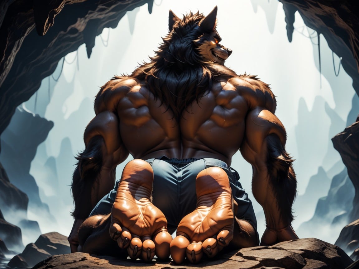 He Is Sitting In A Hidden Cave, Back Resting Against A Rock, Paw Soles AI Gay Porn