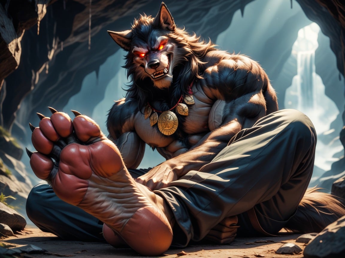 Paw Soles, Who Is A Muscular, Sadistic Werewolf Is Showing Off His Soles AI Gay Porn