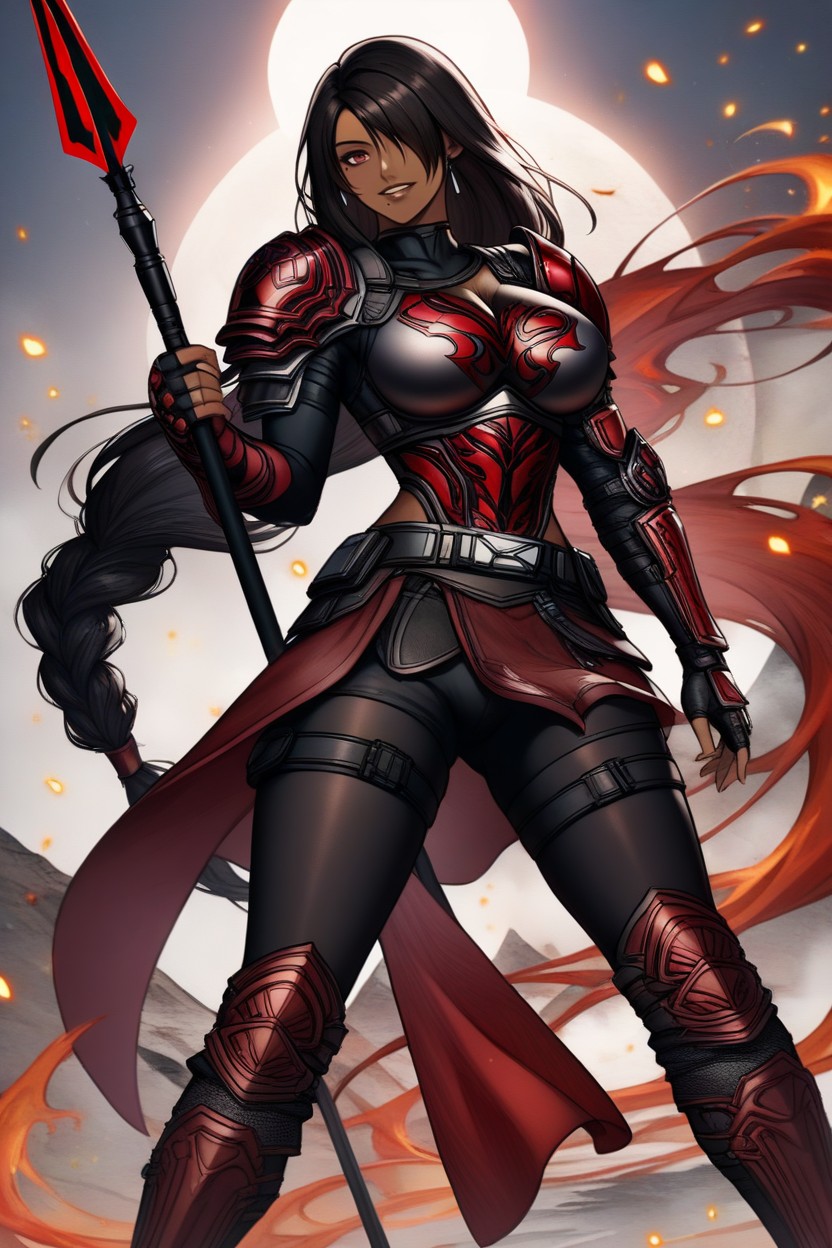 "val Kha From Ffxiv", Black Metal Hit Armor With Dark Red Sarong, "seong Mi-na From Soul Calibur" Hentai AI Porn