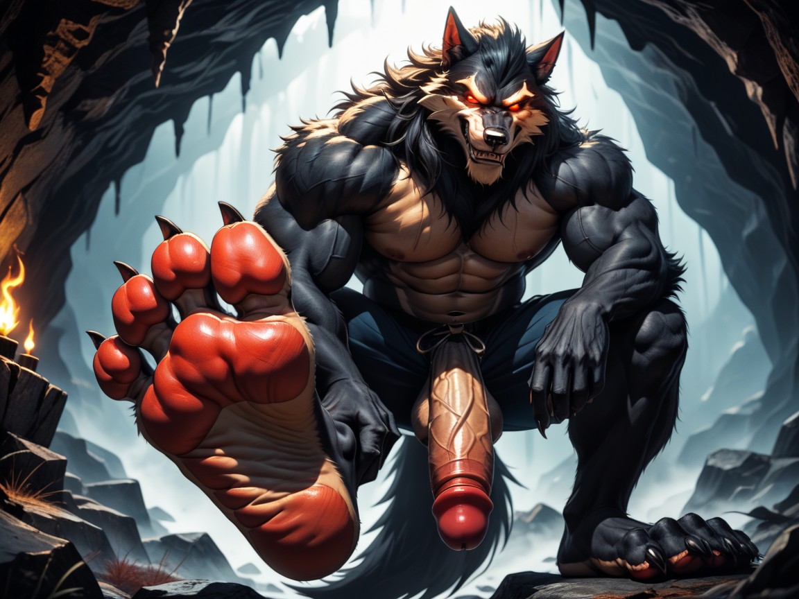 The Feet Paw Soles Are The Focus Of The Image, Back Resting Against A Rock, Smug Expression AI Gay Porn
