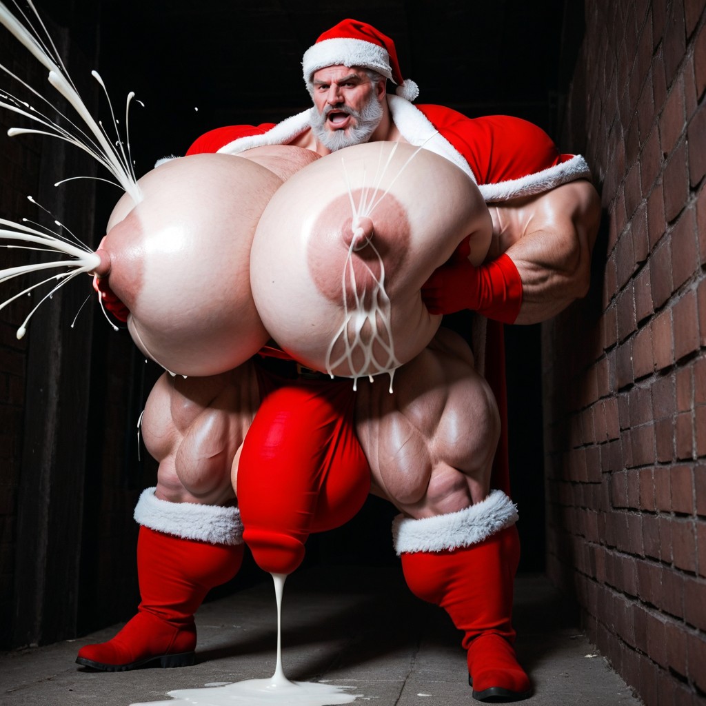 Santa Claus From Jack Frost Movie With Hyper Breasts, Solo, Bottom Up AI Gay Porn