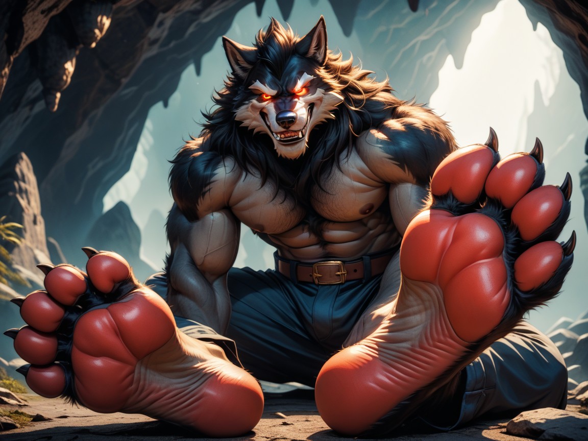 Furry Foot Paws, Manly Anthropomorphic Werewolf, Imperious And Demanding The Viewer Worship His Paws AI Gay Porn