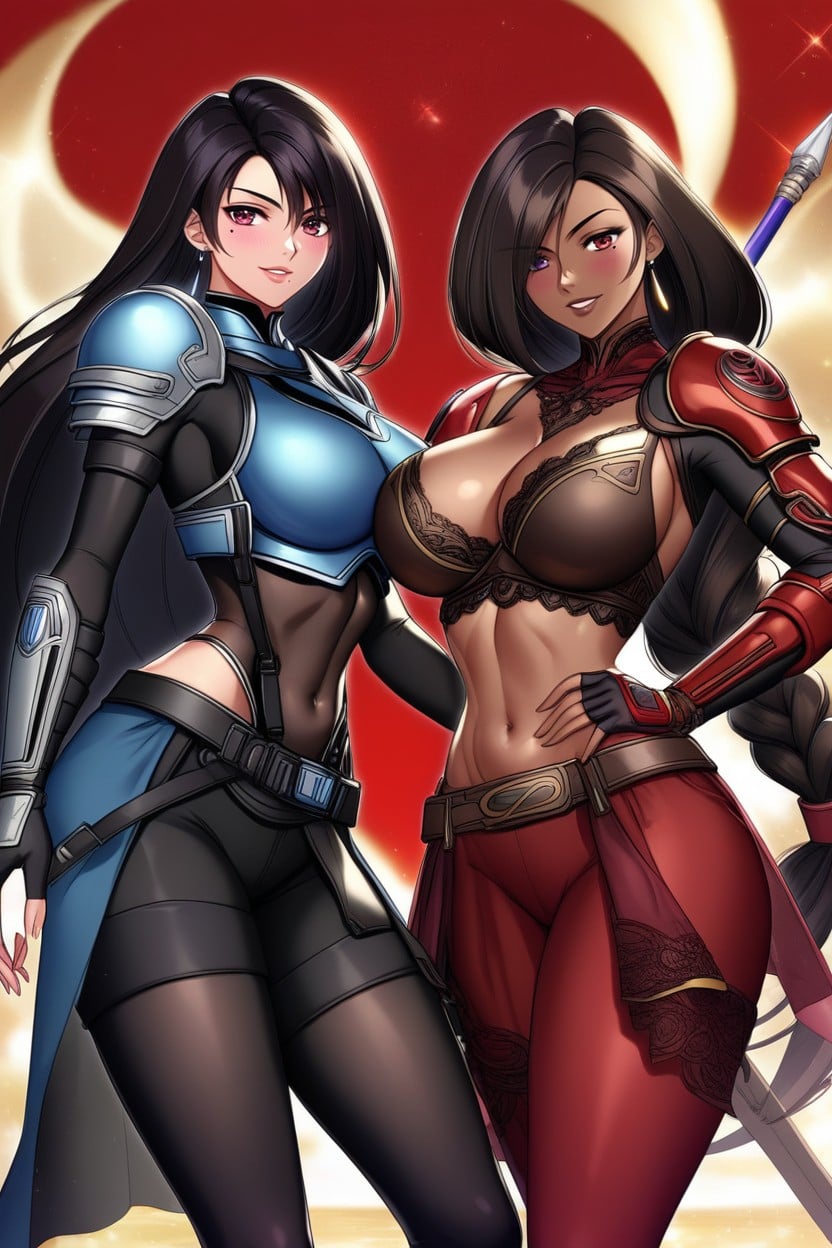 Very Long Hair, Dark Ebony Brown Skin Color, Sharp Slanted Eyes Hentai AI Porn