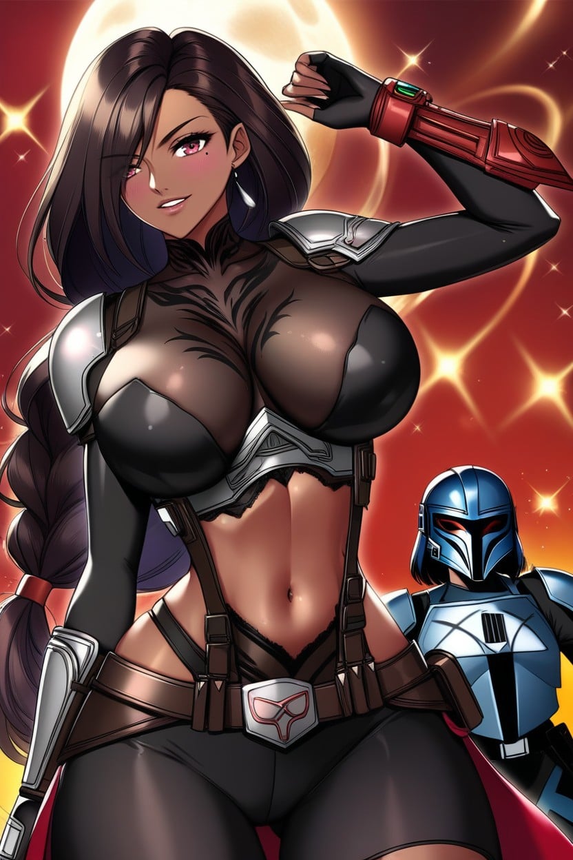 Very Long Hair, Dark Ebony Brown Skin Color, Bright Red Eye Color Hentai AI Porn