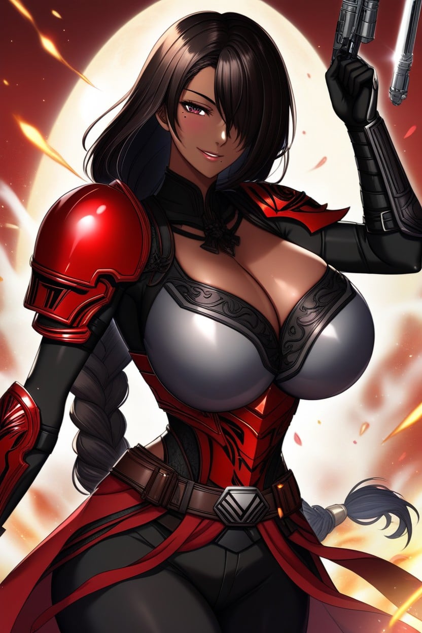 Wide Hips, Black Metal Hit Armor With Dark Red Sarong, Smile Hentai AI Porn