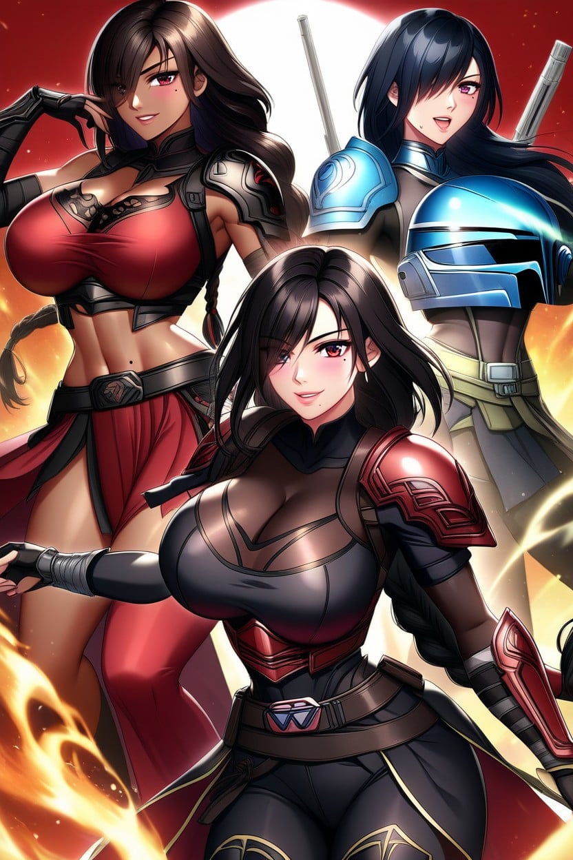 Very Low Braided Ponytail Hairstyle, "seong Mi-na From Soul Calibur", Black Metal Hit Armor With Dark Red Sarong Hentai AI Porn