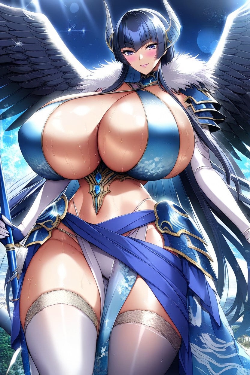 Long Feathered Wings On Waist, Wide Hips, White Criss-crossed Sling Bandeau AI Porn