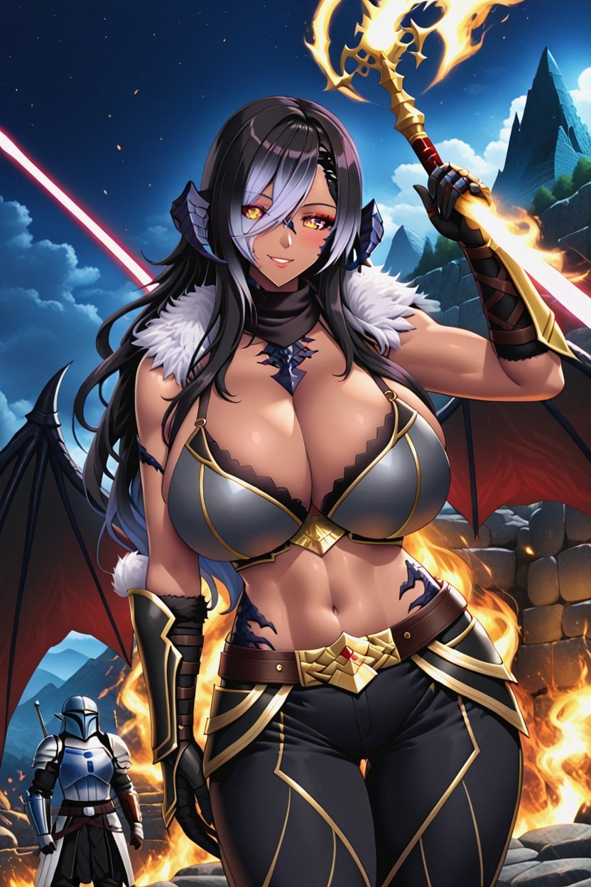 Holding Spear, Huge Sword, Armor Gauntlets Hentai AI Porn