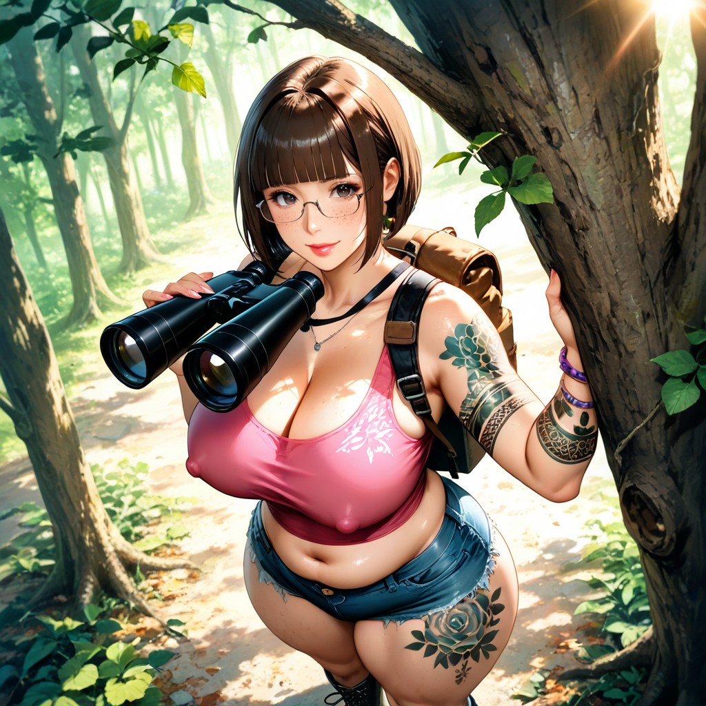 Artistic Lighting, And Several Floral Colored Tattoos On Her Arms, Standing In Front Of Jeep-car Skin Tight Clothes AI Porn