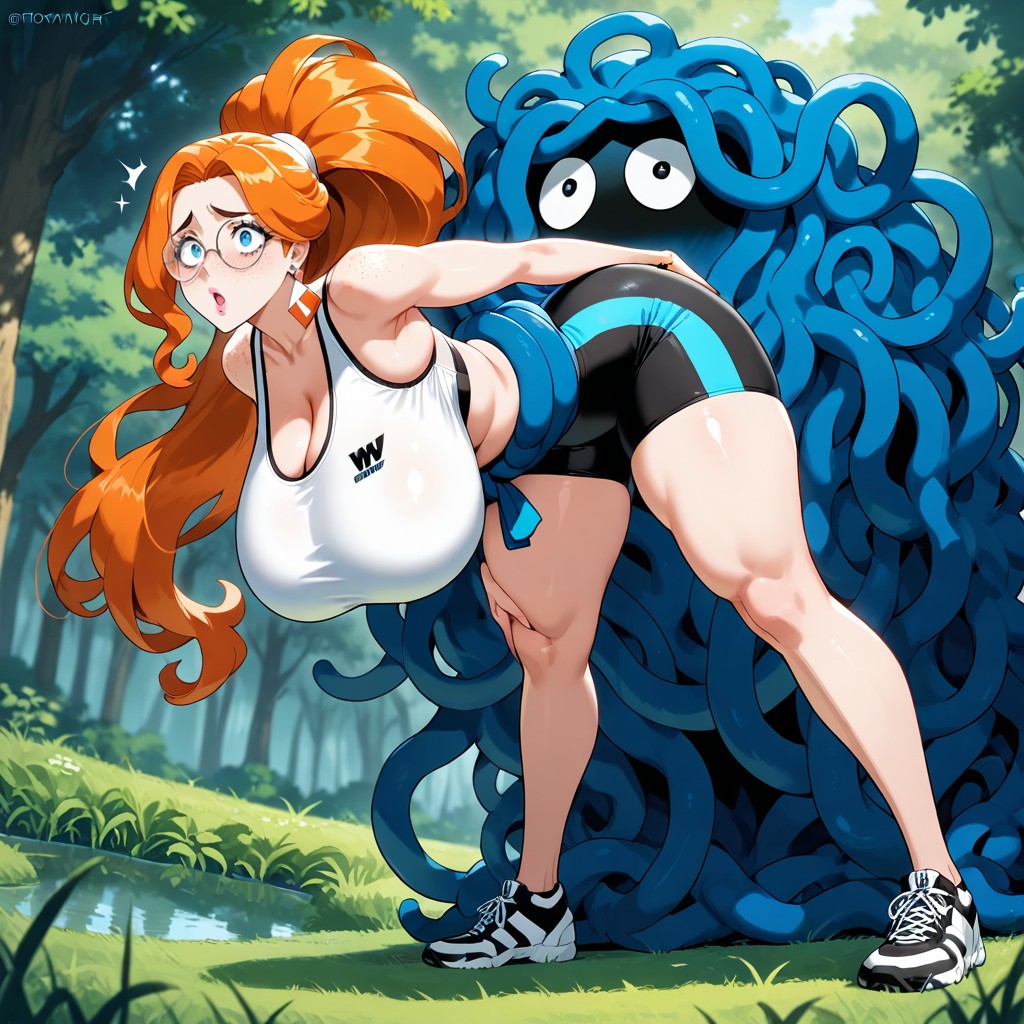 Freckles Covering Face, Tangrowth Wrapping Around Woman's Waist And Thighs, Wavy Hair 게이 AI 포르노