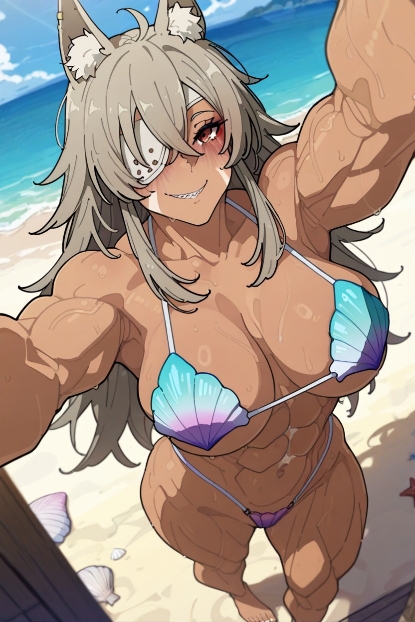 Front View, Ocean, Hyper Muscular Female Hentai AI Porn