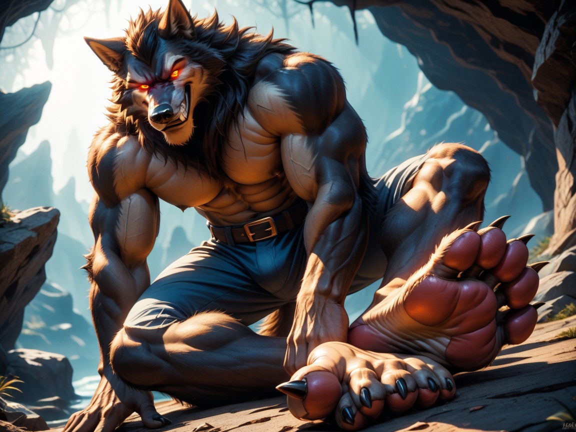 Who Is A Muscular, Imperious And Demanding The Viewer Worship His Paws, Back Resting Against A Rock 게이 AI 포르노