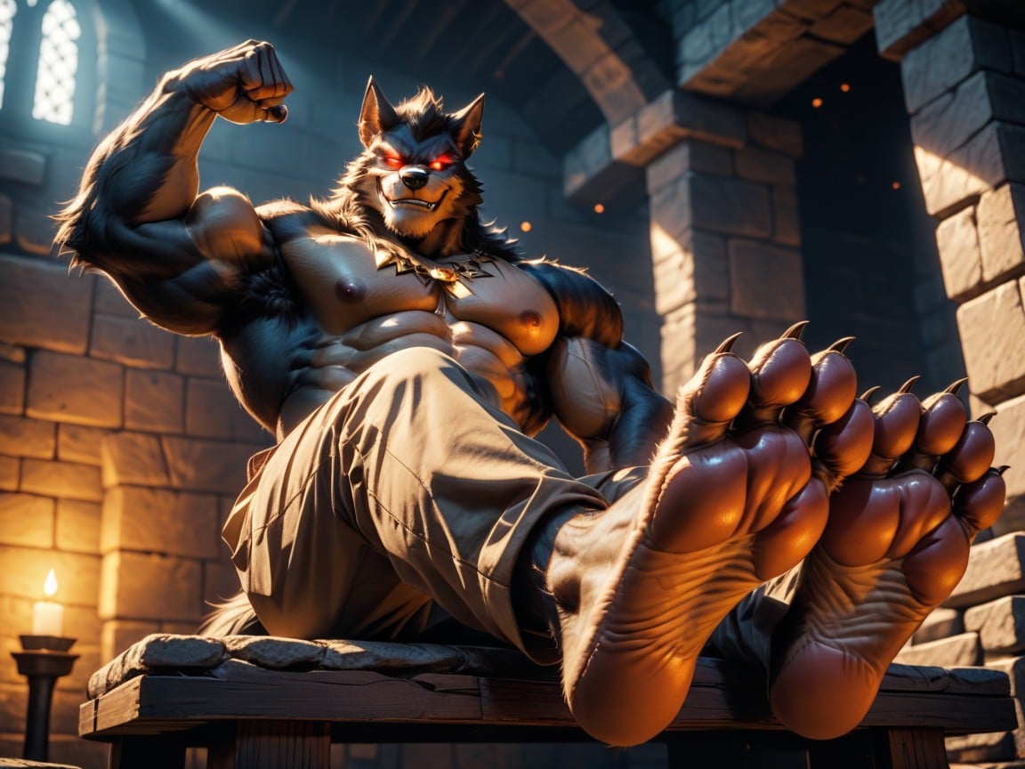 Red, Sadistic Werewolf Is Showing Off His Soles, An Anthro Character 게이 AI 포르노