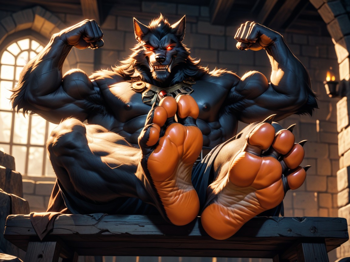 Paw Soles, His Massive Wide Bare Feet Paws Soles Are Extended Towards The Viewer, Who Is A Muscular Porno IA Gay
