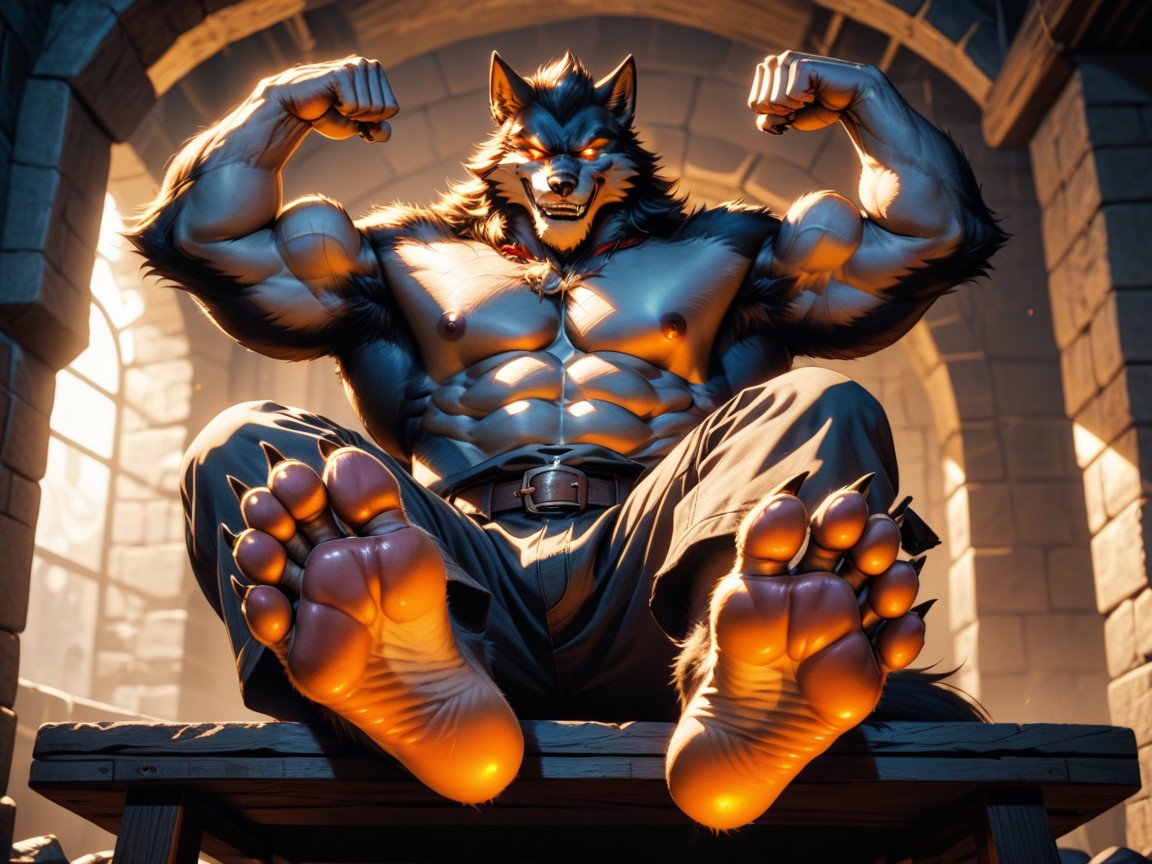 The Paw Soles Fill The Image, Paw Soles, He Is Sitting On A Low Bench In A Dungeon Porno IA Gay