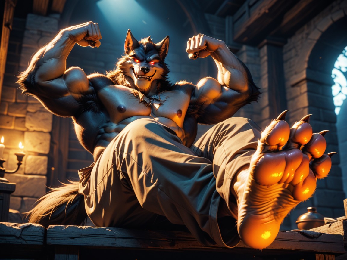 Arrogant & Smug, Manly Anthropomorphic Werewolf, He Is Sitting On A Low Bench In A Dungeon Porno IA Gay