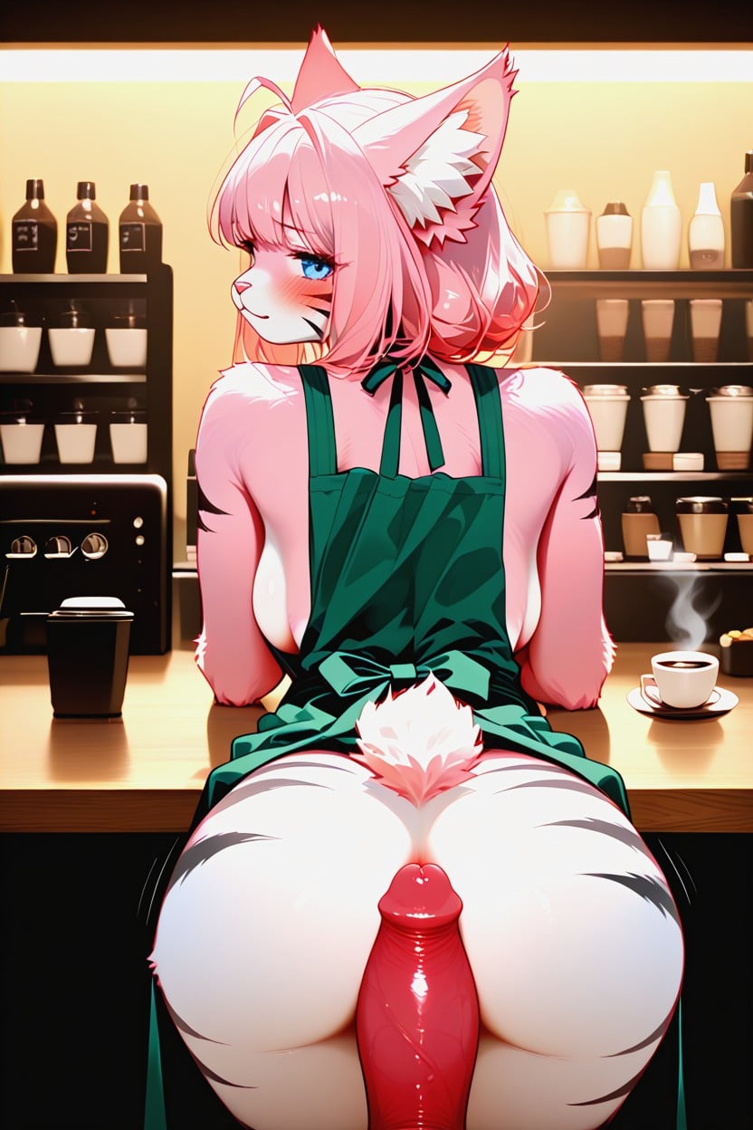 Dark Green Apron, Exposed Breasts, Bending Over Counter Furry AI Porn