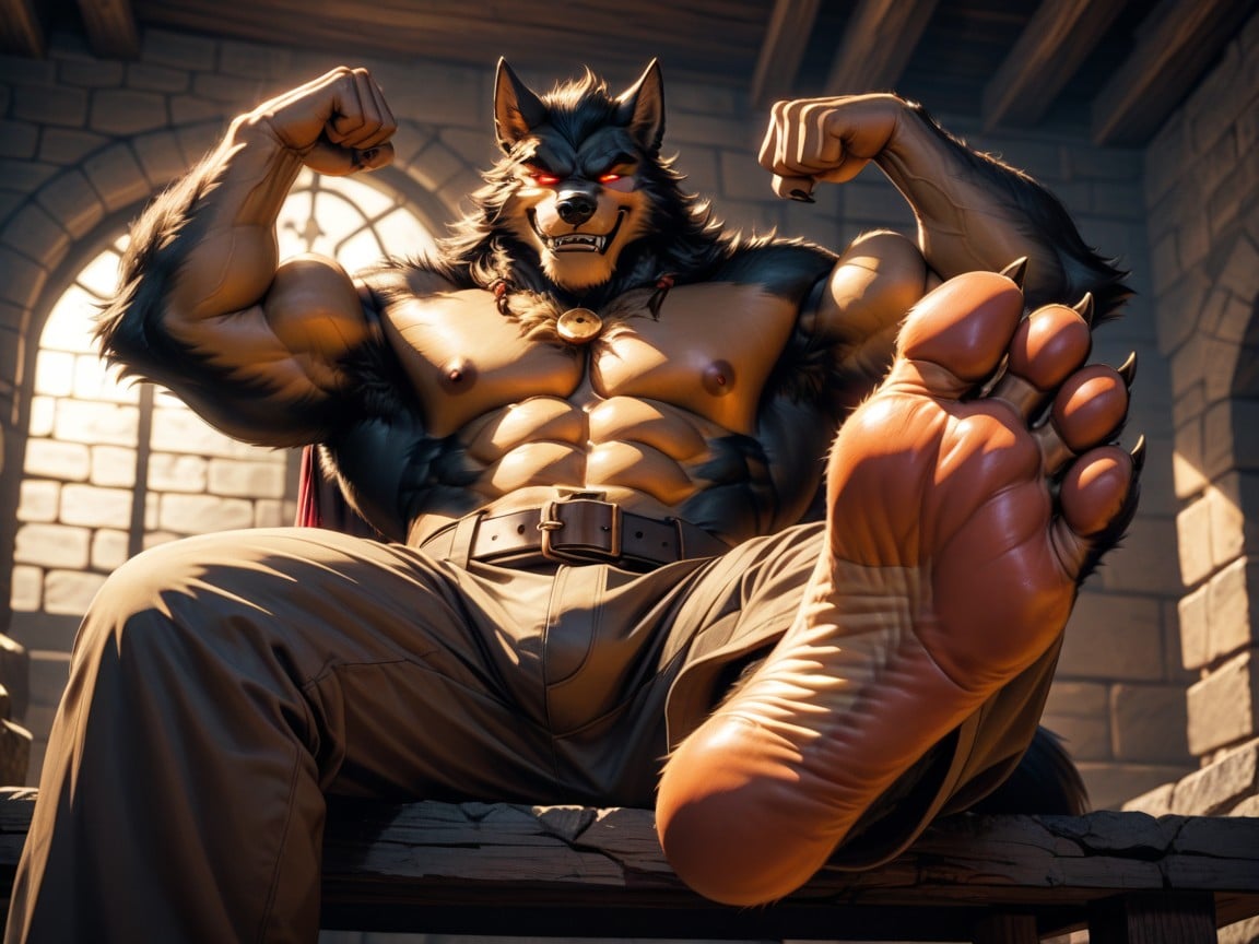 He Is Sitting On A Low Bench In A Dungeon, Back Resting Against A Rock, Arms Up Flexing Biceps Porno IA Gay