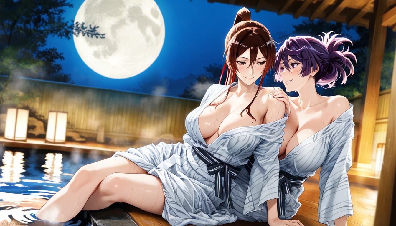 Loose Strands, Yuzuriha Sits In The Water, Full Moon Glow Hentai AI Porn