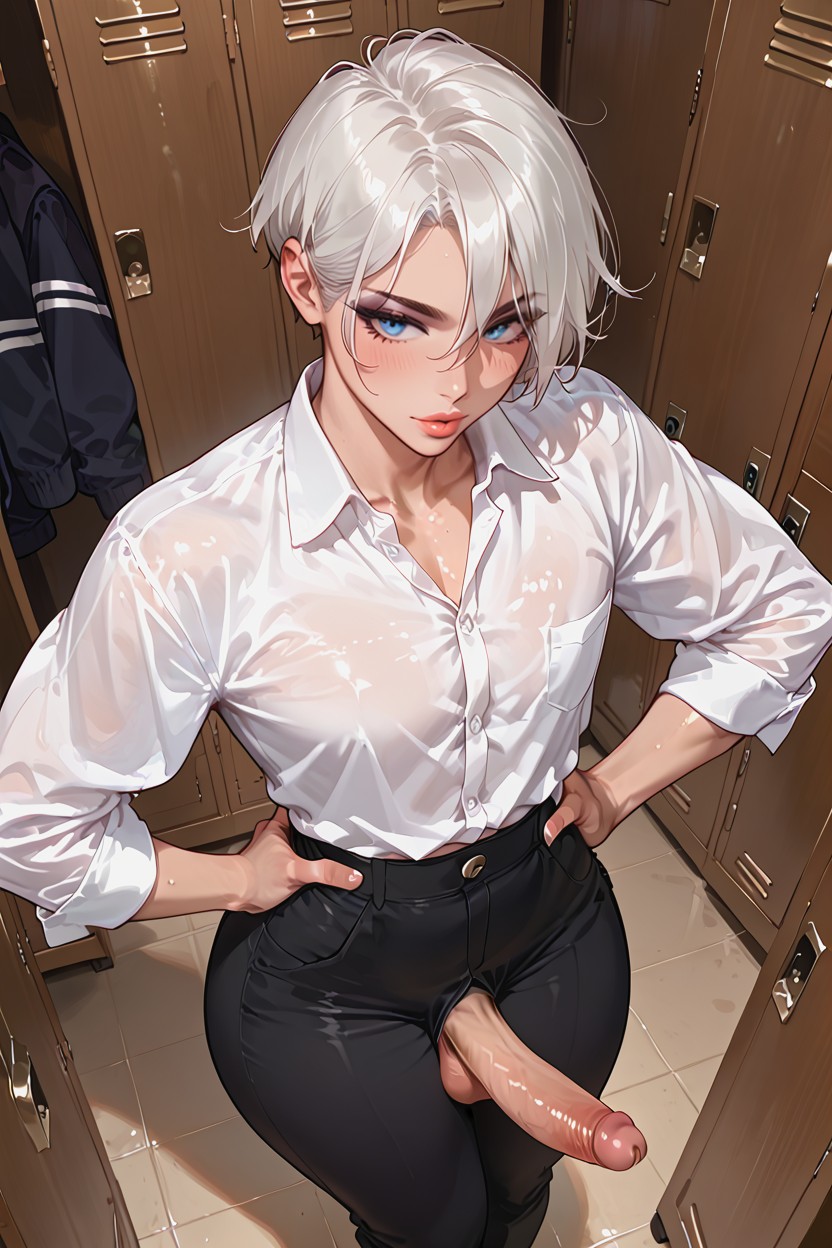 Super Model Pose, White Hair, Thick Body ニューハーフAIポルノ