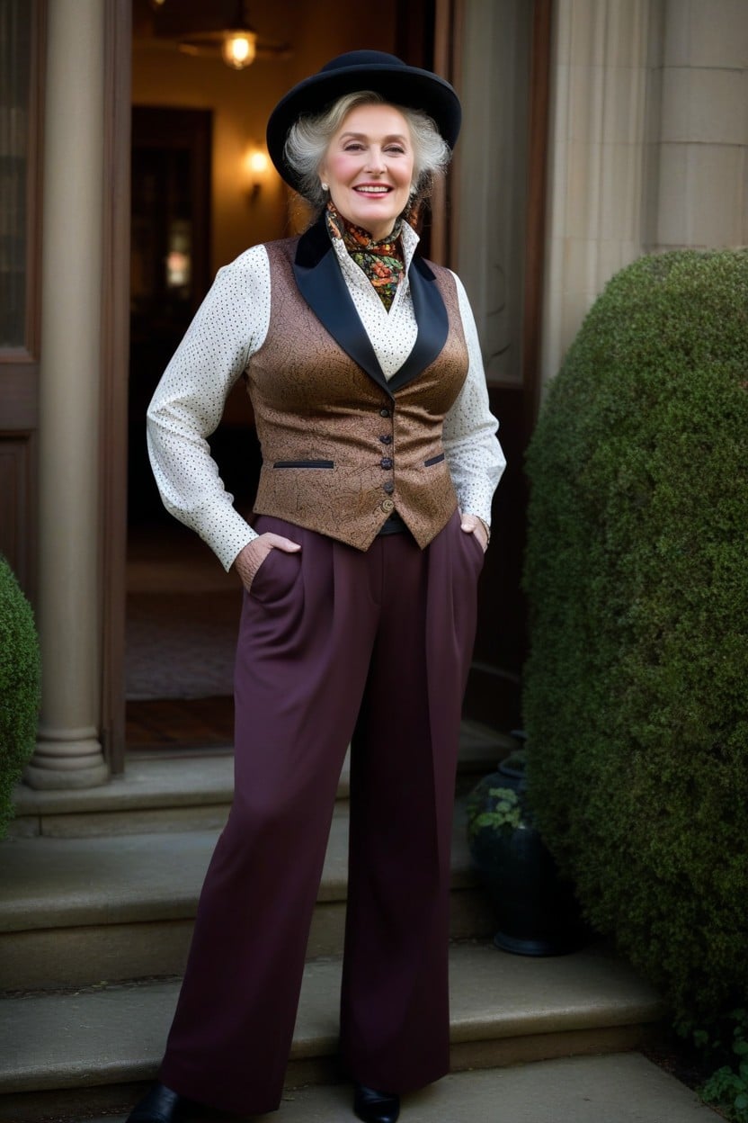 She Is Wearing Brown Multicolored Victorian Menswear, Long Legs, Voyeuristic Porno IA
