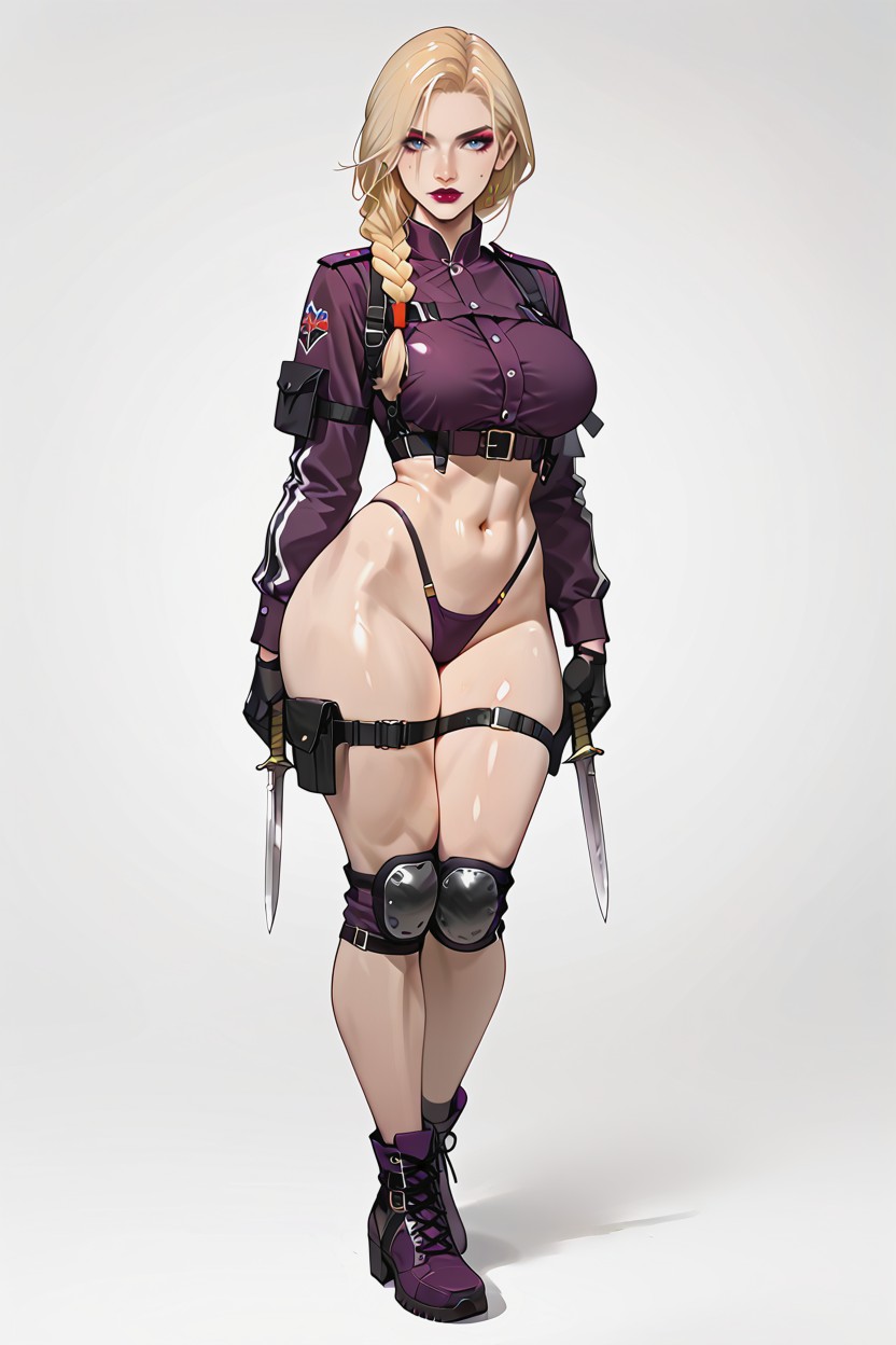 With Two Belts On Her Arms She Also Wears Dark Purple Boots With Crisscrossing Straps, Side View, Bikini Hentai AI Porn