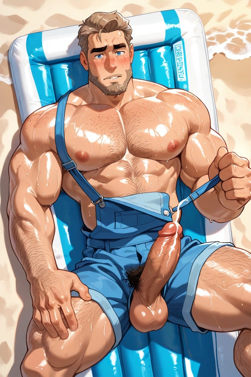 Naked Under Overall, Blushing Face, Is Lying On A Beach Mattress Porno gay IA