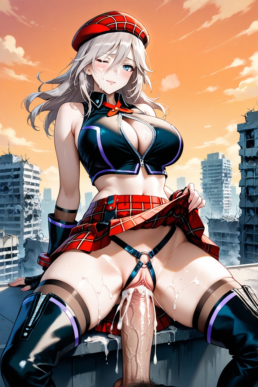 Gray Hair Topped By A Red Beret, Super Detailed Pussy, Cum Dripping From Pussy Hentai AI Porn